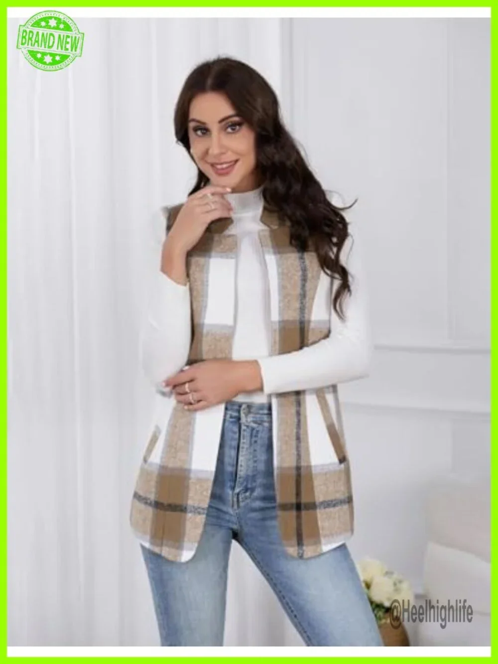Wool Plaid Sleeveless Blazer Vest Open Front Cardigan